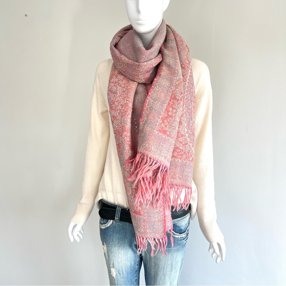 100% Pashmina Handmade Pink Turquoise Paisley Crystal Bead Long Wrap Shawl Scarf - Picture 7 of 13